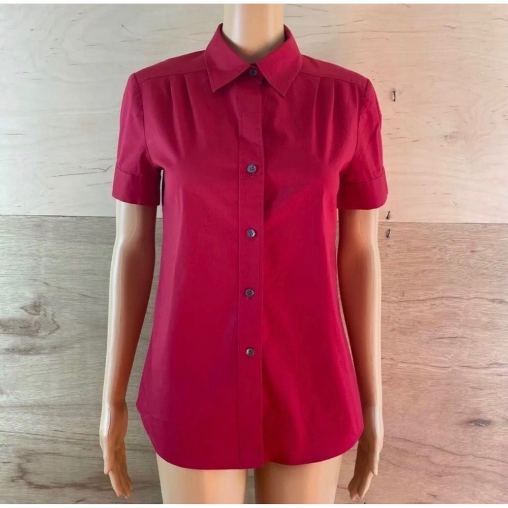 Theory Shirt Women's Red Short Sleeve Button Front Collared Blouse Small